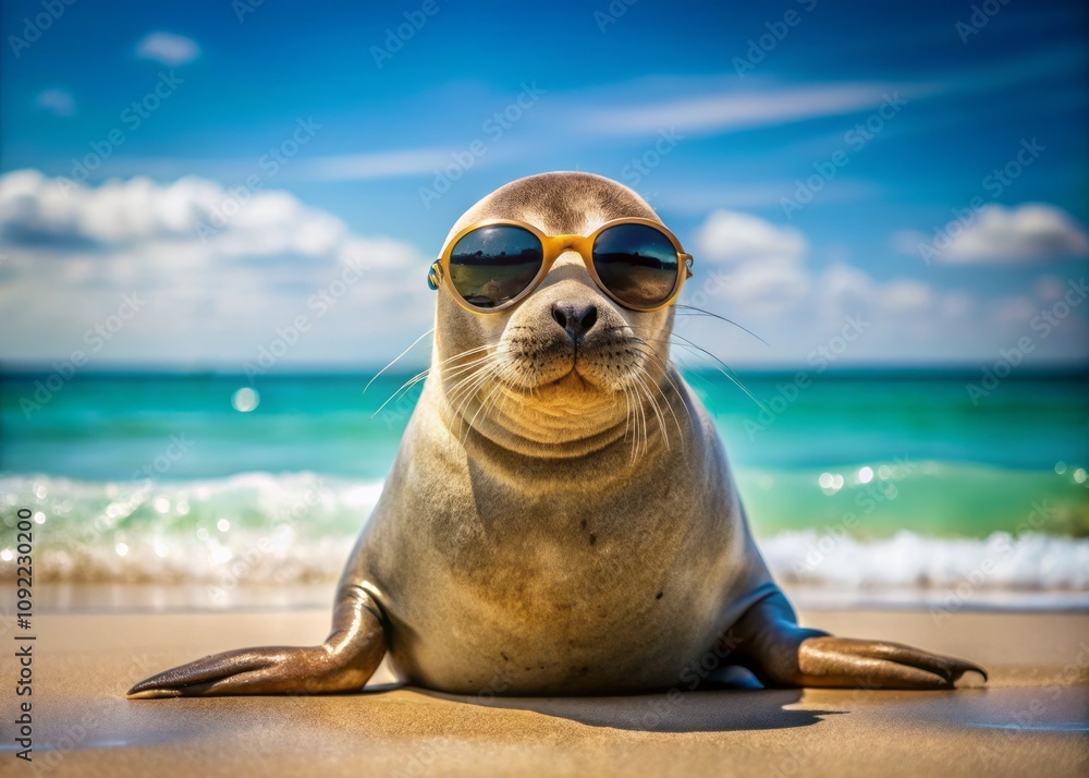 Fototapeta premium Cool Seal Relaxing on the Beach Wearing Sunglasses, Capturing the Essence of Coastal Wildlife and Summer Vibes in a Playful, Fun Atmosphere with Natural Scenery