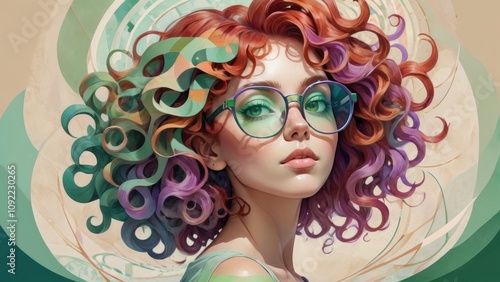 Stylish portrait of a woman with vibrant curly hair, oversized glasses, and abstract background