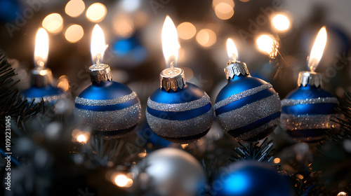 Christmas lights intertwined with blue and silver Hanukkah garland, glowing celebration photo