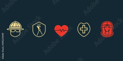A simple thank you card design featuring icons of first responder roles (firefighter helmet, medical cross, police badge) and a heart.
