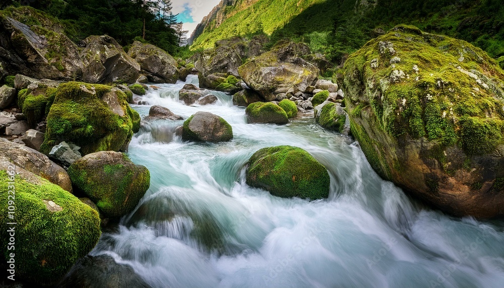 Fototapeta premium A mountain stream rushing through moss-covered rocks, surrounded by dense greenery.