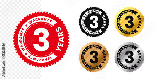 3 years warranty in circle. Three years warranty with circular text. Red, black, gold, silver, bronze premium color. Sticker, label, badge, icon, sign, emblem, stamp, logo, tag, seal, symbol. Vector