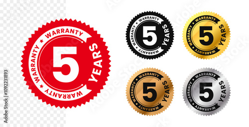 5 years warranty in circle. Five years warranty with circular text. Red, black, gold, silver, bronze premium color. Sticker, label, badge, icon, sign, emblem, stamp, logo, tag, seal, symbol. Vector