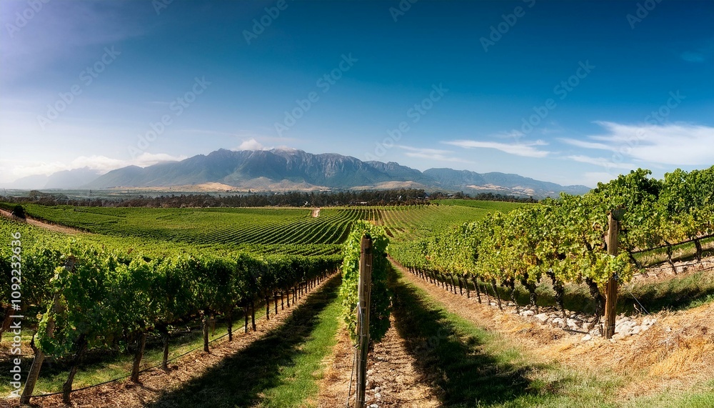 Naklejka premium A vast vineyard, symmetrical rows of grapevines extending toward a hazy mountain range.