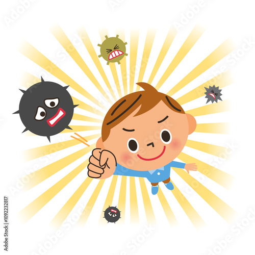 風邪の病原菌と戦う男の子