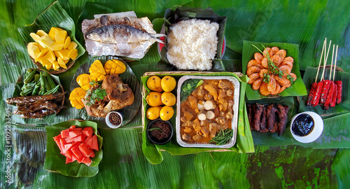 Obraz na plátne Traditional Filipino Feast on Banana Leaves
