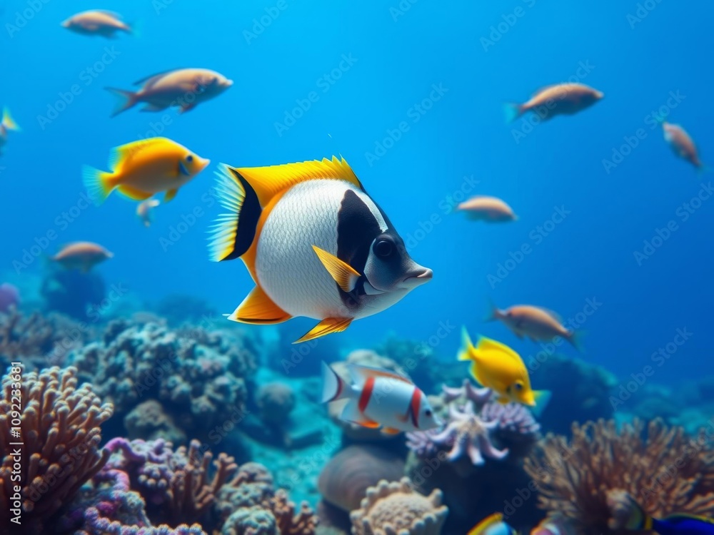 Fototapeta premium Underwater scene featuring a school of colorful fish swimming in the ocean, creating a vibrant and lively display of sea life, sea life, educational, vibrant