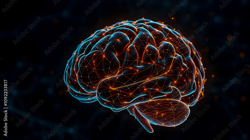 Obraz premium A 3D illustration of a human brain with a medical and scientific concept showing neurons and x-ray style design