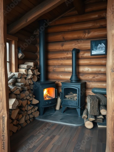 Cozy mountain hut interior with stacks of firewood by wood-burning stove, logs