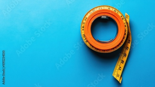 A bright orange tape measure sits on a vibrant blue background.  The contrasting colors make for a striking image. photo