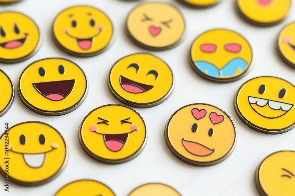 Obraz premium A collection of yellow smiley face pins with various expressions and emotions