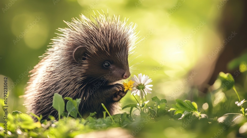 Adorable young porcupine delicately examining a vibrant yellow flower amid a lush green forest, showcasing the beauty of nature and wildlife in a peaceful setting. Adorable young porcupine delicately examining a vibrant yellow flower amid a lush green forest, showcasing the beauty of nature and wildlife in a peaceful setting.