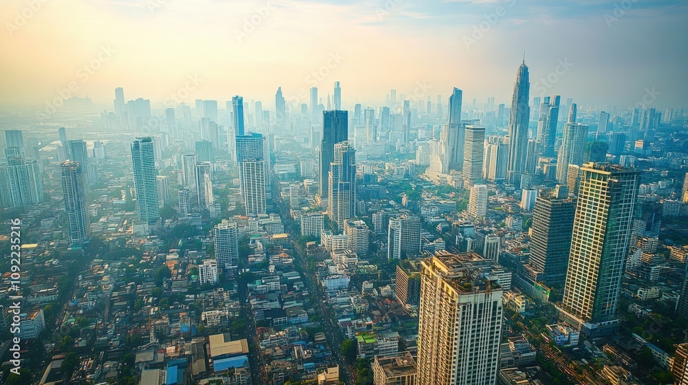 Fototapeta premium Aerial view of Bangkok dense cityscape, with high-rise buildings and winding streets
