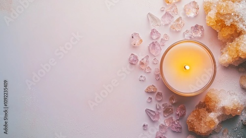 Candle with crystals on white background for custom textTypography photo