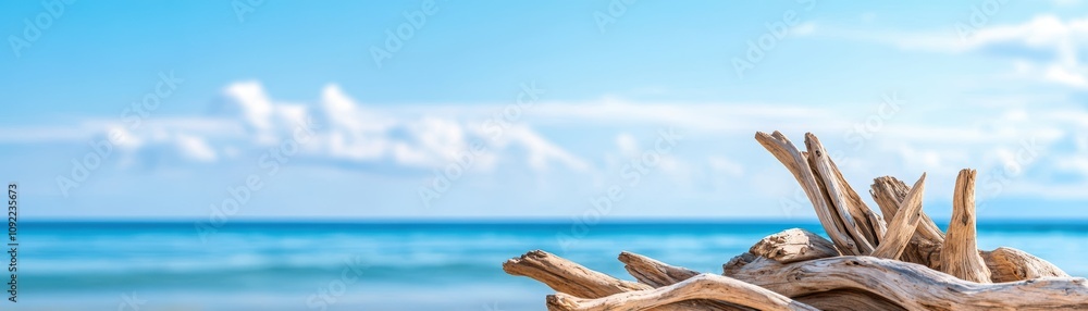 outdoor activities concept. Island beach adorned with natural driftwood sculptures, focus on art and environmental beauty outdoor activities concept. Island beach adorned with natural driftwood sculptures, focus on art and environmental beauty