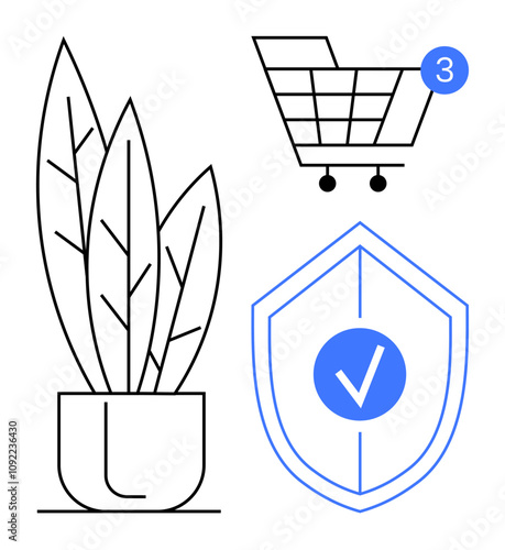 Potted plant with three leaves, shopping cart with three notifications, and blue checkmark in shield. Ideal for ecommerce, online security, shopping, technology, protection, digital transactions