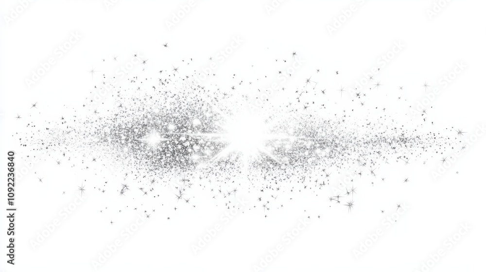 Obraz premium Silver glitter burst on white background. Shimmering sparkles and bright light. Festive design element.