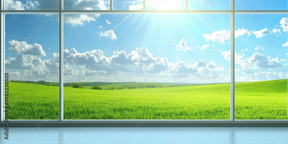 Fototapeta premium A summer-themed broadcast studio with vibrant colors, featuring a large digital backdrop of a sunny landscape with clear skies and green fields.