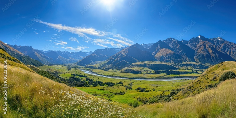 A sweeping landscape view of mountains, valleys, and rivers under a clear blue sky, with nature in full bloom. A sweeping landscape view of mountains, valleys, and rivers under a clear blue sky, with nature in full bloom.