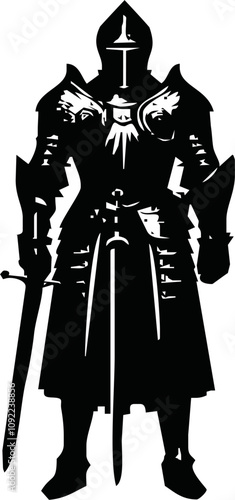 Black and white illustration of a medieval knight in full armor with a sword. Detailed armor and flowing cape create a dynamic, heroic look. Ideal for fantasy, historical, and chivalry themes.
Vector 