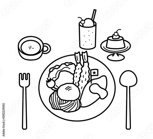 お子様ランチのイラスト　線画のみ