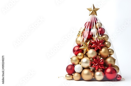 Christmas tree with gifts and decorations in a plastic bag on a white background. Creative postcard using plastic for the New Year holiday. Concept of ecology and conscious consumption