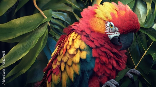 Closeup of a colorful parrot in lush jungle high fidelity image nature photography detailed macro view wildlife art
