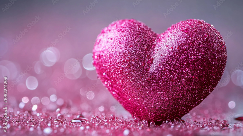 Obraz premium Shimmering pink heart decoration with glitter and water droplets on a soft background