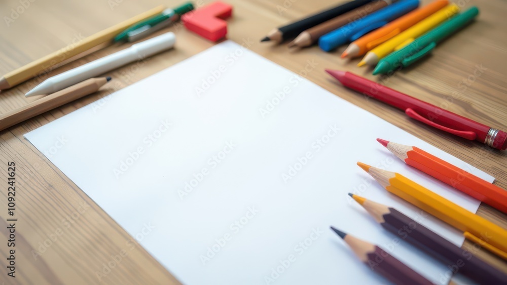 Obraz premium White sheet of paper and colored pencils