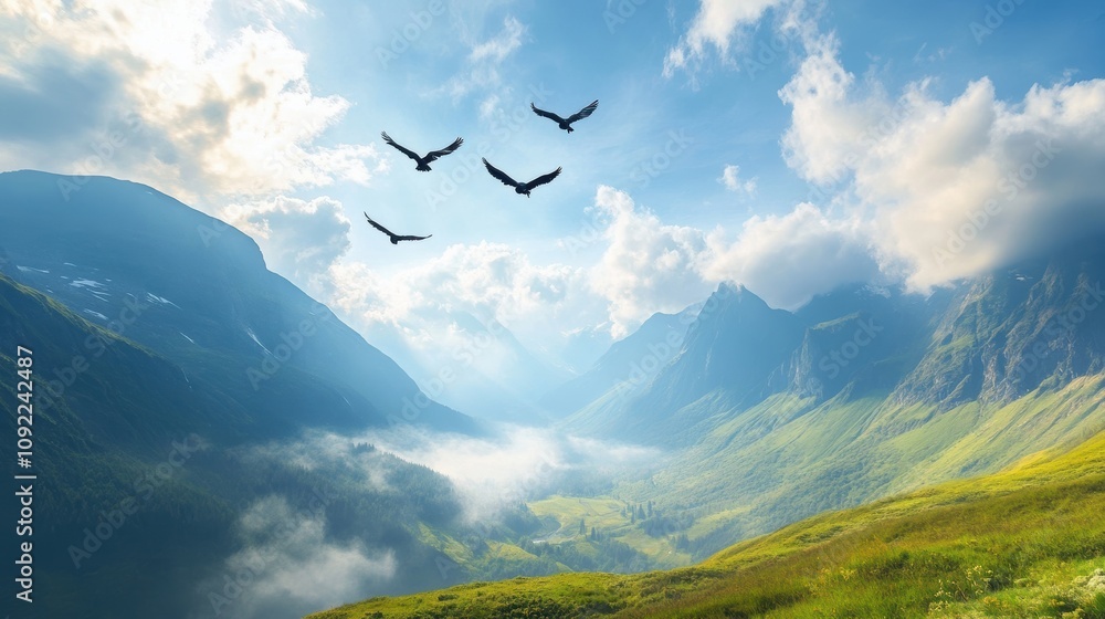 Fototapeta premium Birds soaring above a picturesque valley nature landscape photography in high fidelity