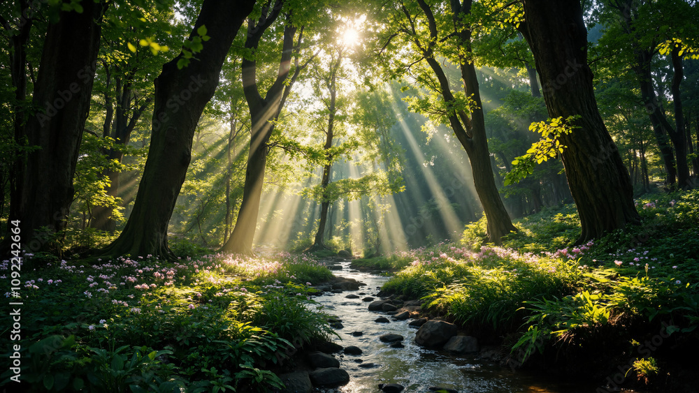 Fototapeta premium A serene forest scene with sunlight streaming through lush trees, illuminating a gentle stream lined with vibrant green grass and wildflowers.