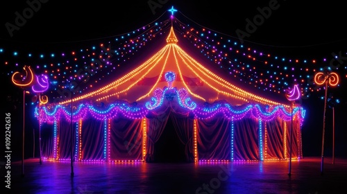 Colorful Festival Tent Brightly Lit with Vibrant Neon Lights Illuminating Evening Sky for Celebrations and Events in a Magical Atmosphere photo