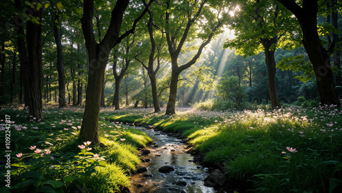 A serene forest scene with sunlight streaming through lush trees, illuminating a gentle stream lined with vibrant green grass and wildflowers.