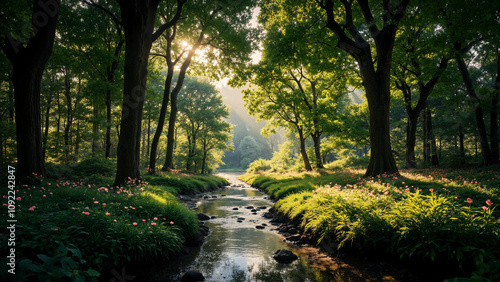 A serene forest scene with sunlight streaming through lush trees, illuminating a gentle stream lined with vibrant green grass and wildflowers.