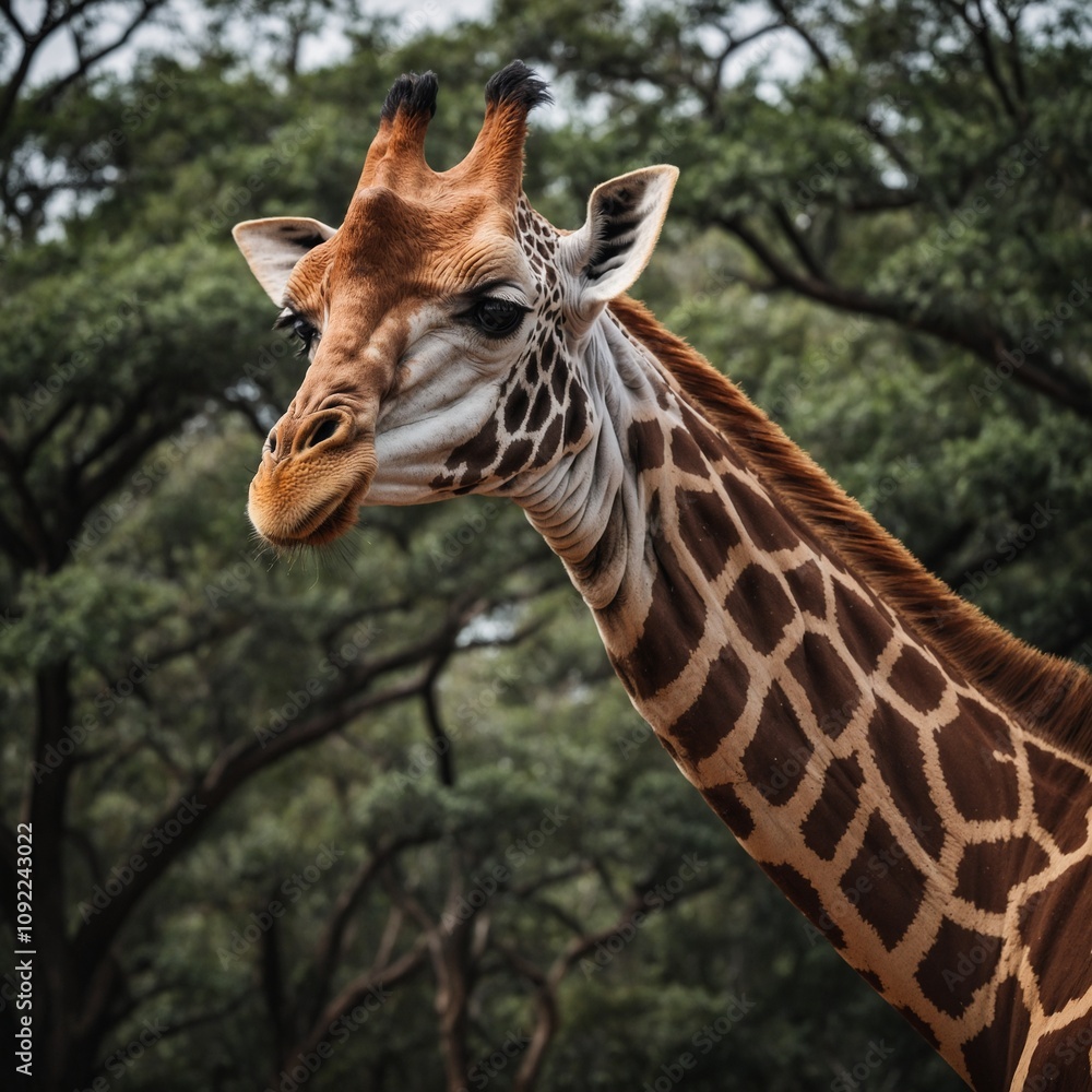 Obraz premium A giraffe is a tall, herbivorous mammal known for its long neck and legs, making it the tallest land animal. It has distinctive spotted fur, usually in patterns of brown and white or yellow. 