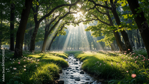 A serene forest scene with sunlight streaming through lush trees, illuminating a gentle stream lined with vibrant green grass and wildflowers.