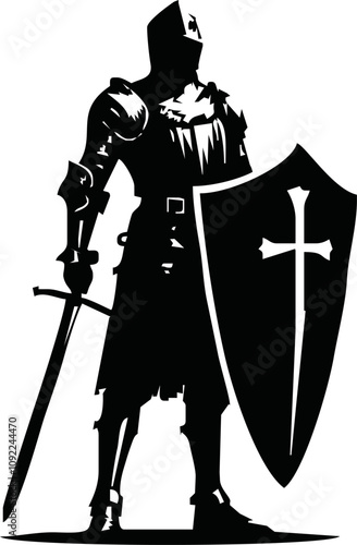Black and white illustration of a medieval knight in full armor with a sword. Detailed armor and flowing cape create a dynamic, heroic look. Ideal for fantasy, historical, and chivalry themes.
Vector 