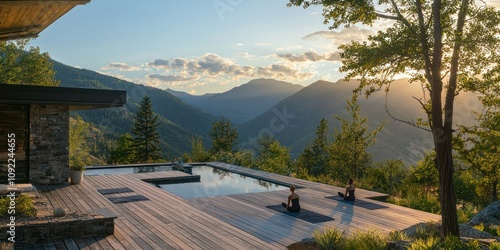 A serene retreat setting with people doing yoga on a wooden deck overlooking mountains.