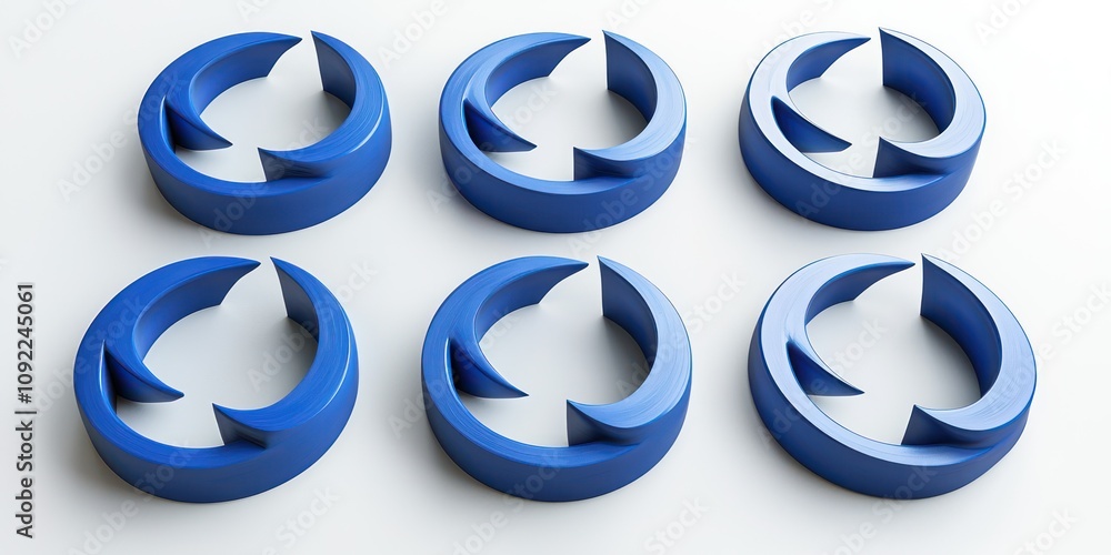 A set of blue circular arrows in a 3D design, symbolizing endless motion or recycling, on a white background. A set of blue circular arrows in a 3D design, symbolizing endless motion or recycling, on a white background.