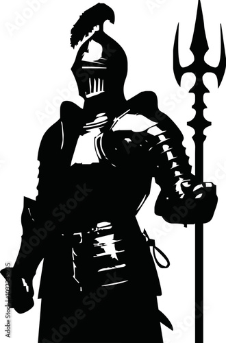 Black and white illustration of a medieval knight in full armor with a sword. Detailed armor and flowing cape create a dynamic, heroic look. Ideal for fantasy, historical, and chivalry themes.
Vector 