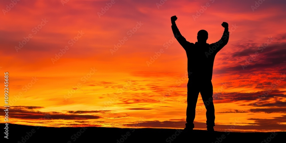Fototapeta premium A silhouette of a man raising his fist in the air, standing tall against the background of a glowing sunset on Juneteenth.