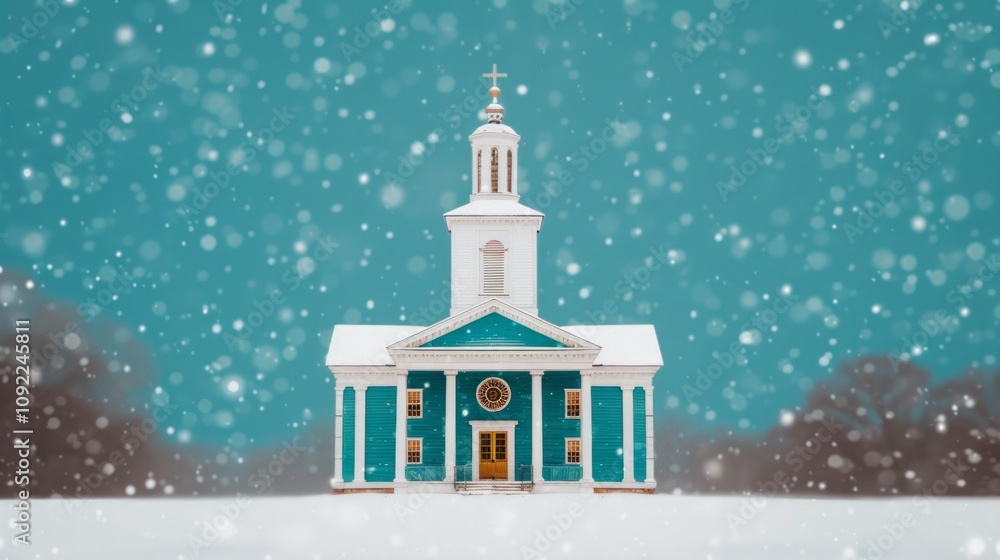 Fototapeta premium Snowy church with teal facade and winter backdrop.
