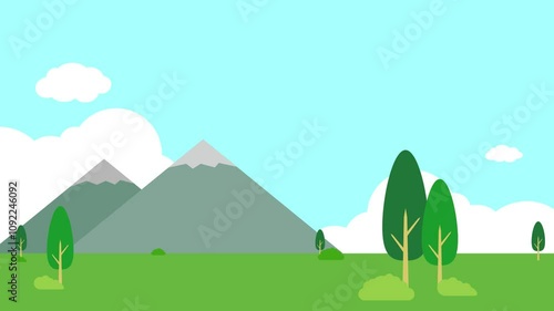 animated mountain view with grass and clouds in the sky