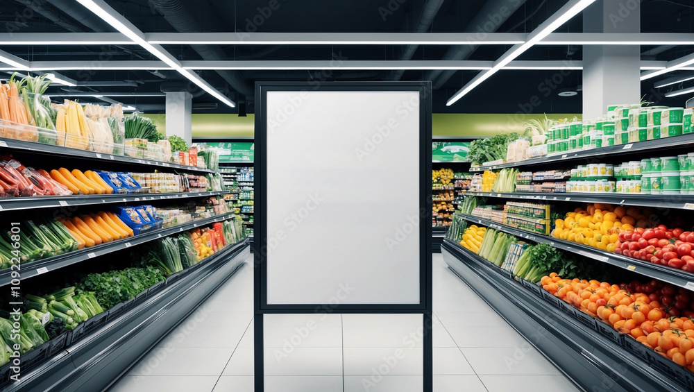 Fototapeta premium White sign is in the middle of a grocery store aisle