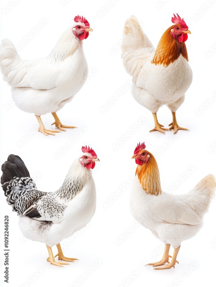 Fototapeta premium Chicken varieties in farmyard setting animal photography natural environment aesthetic viewpoint agriculture concept