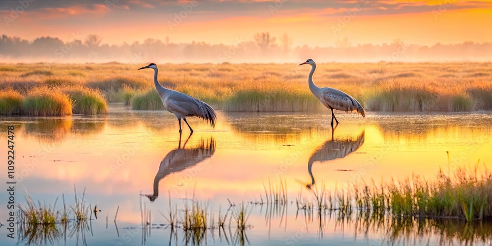 Naklejka premium Graceful Cranes Wading in Serene Wetlands Under a Vibrant Sunrise, Reflecting on Still Water Amidst Lush Greenery in a Peaceful Nature Scene