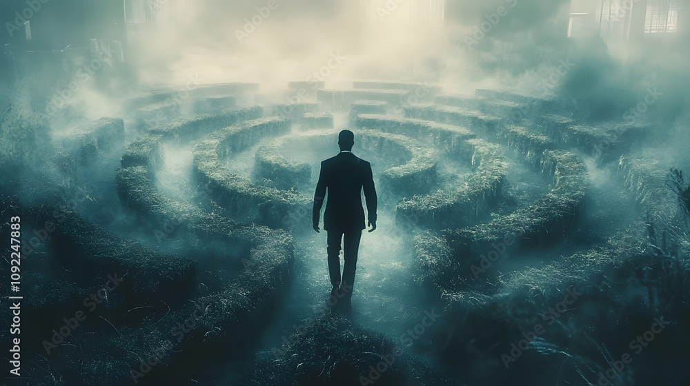 A figure in a suit walks through a mysterious, foggy environment toward a labyrinth, evoking themes of exploration and the unknown. A figure in a suit walks through a mysterious, foggy environment toward a labyrinth, evoking themes of exploration and the unknown.