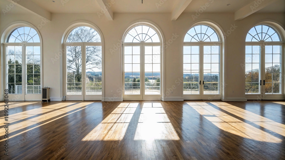 Sunlit Room with Three Elegant Arched Windows Casting Intricate Shadows on a Polished Wooden Floor Sunlit Room with Three Elegant Arched Windows Casting Intricate Shadows on a Polished Wooden Floor