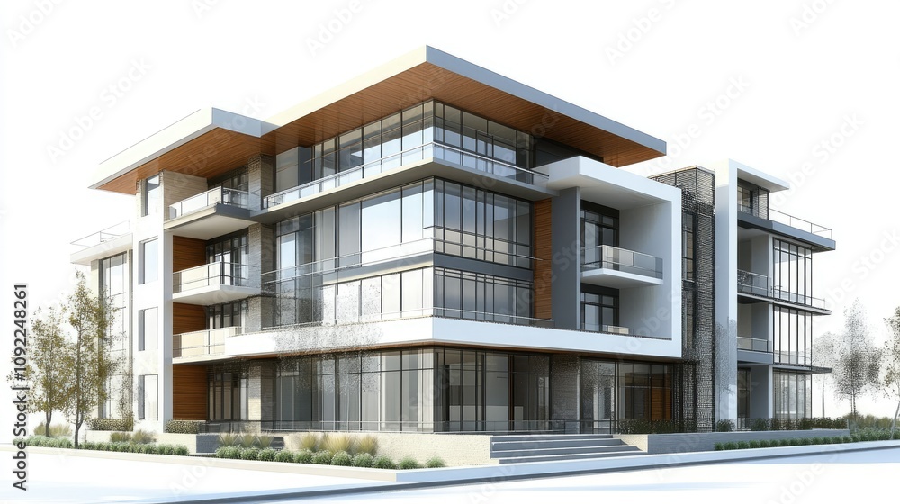Fototapeta premium Modern Residential Building Architectural Design with Large Windows and Open Balconies Surrounded by Landscape in a Contemporary Urban Setting