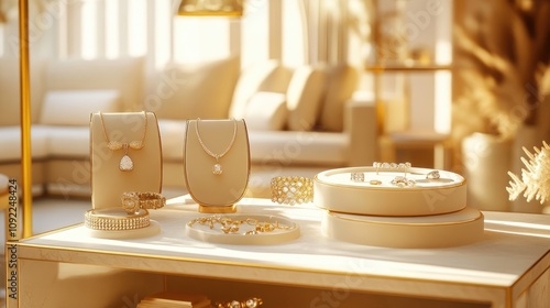 Elegant Display of Fine Jewelry in a Warm, Sunlit Room Featuring a Selection of Necklaces, Bracelets, Rings, and a Stunning Centerpiece on a Tasteful Jewelry Stand